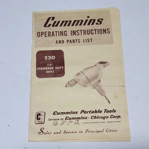 Cummins Power Drill Model 220 Operating Instructions Parts List 8 Pages Vintage